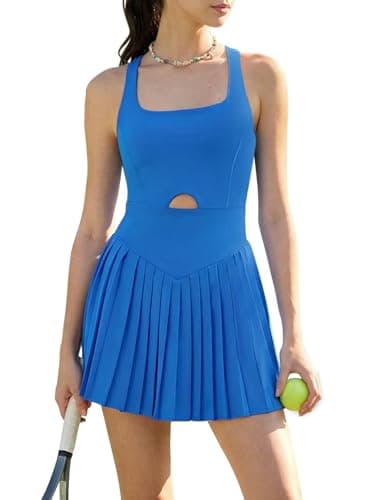 Sexyasasii Tennis Dresses for Women with Built in Shorts and Bra Pleated Sleeveless Athletic Dress Pockets Square Neck Golf Dresses Blue - Image 1
