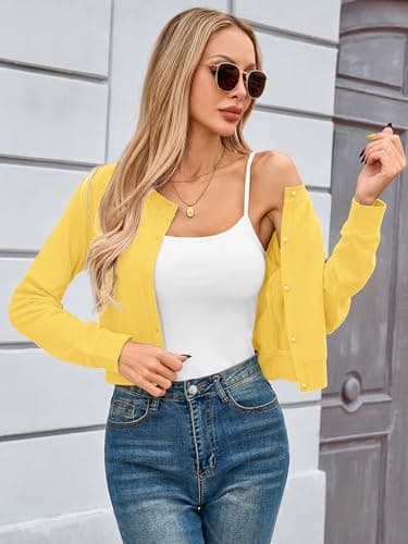 Heymoments Women Cropped Cardigan Bolero Shrug Yellow X-Large Button Down Long Sleeve Crewneck Casual Business Ladies Open Front Knit Lightweight Coat Fall Tops Sweater for Dresses Jean - Thumbnail 2