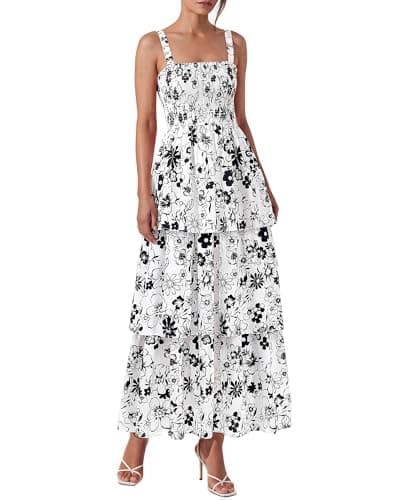 BTFBM Spring Dresses for Women 2026 Floral Spaghetti Strap Wedding Guest Dress Maxi Beach Vacation Clothes(Floral White Black,X-Large) - Image 1