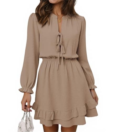 Angashion Women's Tie Front Mini Dress: V Neck Long Sleeve Elastic Waistband Layer Ruffle Hem Short Dress with Pockets Khaki X-Large - Image 1