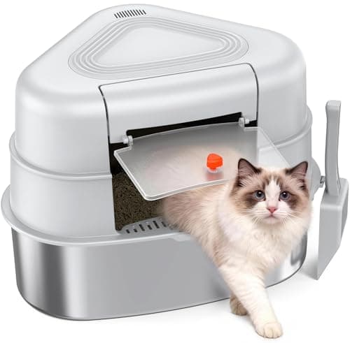 Chumajor XXL Stainless Steel Corner Cat Litter Box with Lid - Sturdy, No Odor & Space-Saving Hidden Design for Large Cats, Grey - Image 1