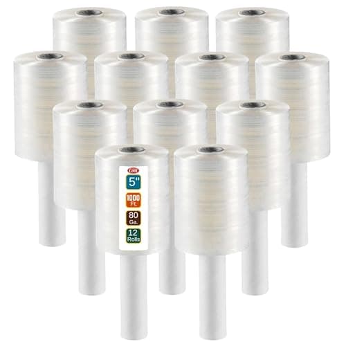 12 Pack Industrial Strength Mini Hand Stretch Wrap 5" 1000 Ft Roll 80 Gauge Thick, Shrink Wrap Roll for Moving Supplies, Furniture, Pallets, Plastic Wrap for Packing, Heavy Duty Stretch Film - Image 1