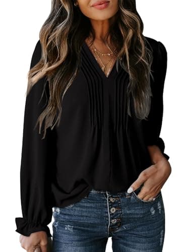 Dokotoo Womens Blouse Casual Basic Pleated Tops Long Puff Sleeve Fall Blouses Sexy V-Neck Loose Fit Black Shirt for Women 2025 Fashion Business Outifits Medium - Image 1