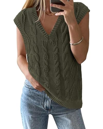 BTFBM Sweater Vest Women Oversized V Neck Cable Knit Casual Pullover Sweaters Fall Outfits 2025 Sleeveless Tops(Army Green, X-Large) - Image 1
