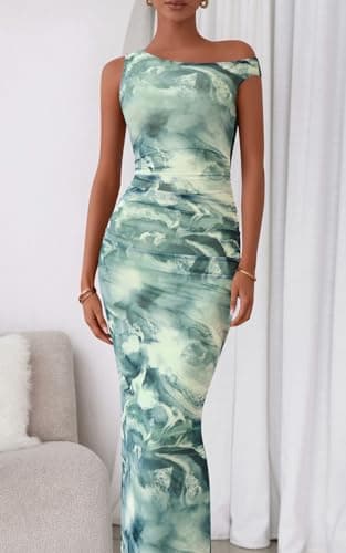 PRETTYGARDEN Women's 2026 Summer Floral One Shoulder Maxi Dress Stretch Sexy Bodycon Dress Slip Cocktail Long Dresses (Floral Grey Green, Small) - Thumbnail 6
