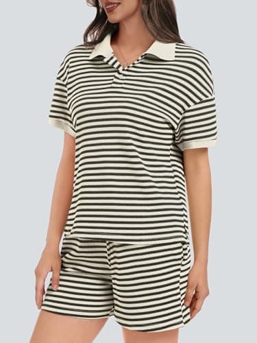 Casly Lamiit Two Piece Short Sets for Women 2026 Summer Casual Knit Outfits Short Sleeve V Neck Top Color Block Going Out Lounge Set with Pockets Black Beige L - Thumbnail 3