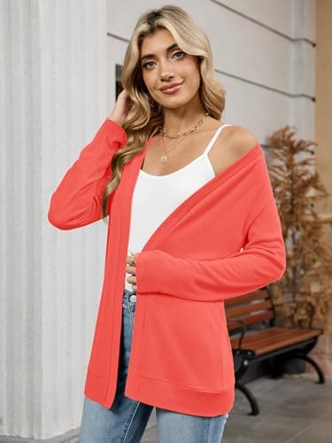 Heymoments Open Front Cardigan for Women Watermelon Red Large Long Sleeve Loose V Neck Outerwear Causal Bolero Lightweight Soft Drape Spring Fall Winter Tops Breathable Knitted Sweaters - Thumbnail 2