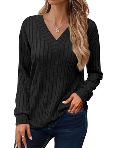 JUSTFASHIONNOW Long Sleeve Shirts for Women V Neck Basic Fall Tops Dressy Casual Blouses Comfy Pullover Winter Sweater 2025(Black,XX-Large) - Thumbnail 4