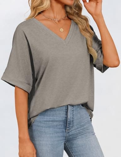 GKBK Womens Oversized T Shirts V Neck Loose Fit Shirts Short Sleeve Summer Casual Tops 2025 Trendy Blouses Y2K Plain Tees Gray M - Thumbnail 3