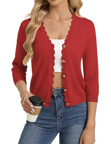GRACE KARIN Red Cardigan for Women Cropped 3/4 Sleeve Lightweight Knit Bolero Shrugs Button Up Shirt Top Spring Clothes - Image 1