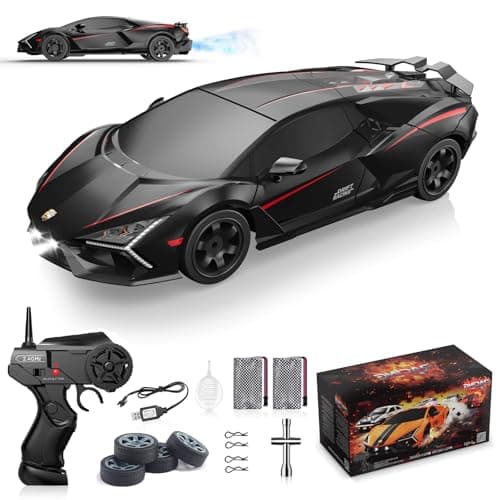 Remote Control Car RC Drift Car 1:16 Scale 4WD 18KM/H High Speed Model Vehicle 2.4GHz with LED Lights Spray Rubber Tire Racing Sport Toy for Adults Boys Girls Kids Gift 2Pcs Rechargeable Batteries