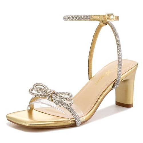 Athlefit Gold Rhinestone Bow Heels for Women Open Square Toe Low Heel Sandals Buckle Heeled Sparkly Heels for Prom Size 9.5 - Image 1