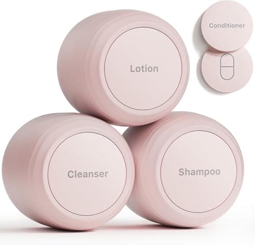 Trimcoo New Travel Toiletry Containers [Ultra Leakproof] TSA-Approved, PLA Hard Shell Jars with 5 Magnetic Labels, Wide Mouth Bottles for Lotion, Cleanser, Shampoo, Conditioner, Pink, 3 Pack, 1OZ - Image 1
