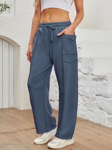 Dokuritu Barrel Pants Women Casual Drawstring Baggy Sweatpants Elastic Waist Wide Leg Lounge Pants with Pockets - Thumbnail 4