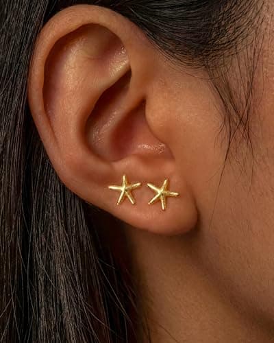 MUMREUES Gold Earrings for Women Trendy 14K Gold Plated Small Starfish Stud Earrings Dainty Lightweight Minimalist Simple Hypoallergenic Earrings Jewelry Gifts for Her - Thumbnail 2