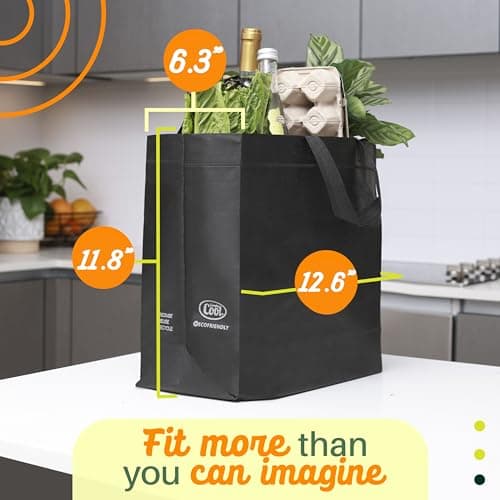 Simply Cool 50 Pack Black Reusable Eco-Friendly Grocery Shopping Bags 12.6"x6.3"x11.8" Durable, Recyclable Shopping Bags Washable, Foldable, Portable Tote Bags Bulk - Thumbnail 6