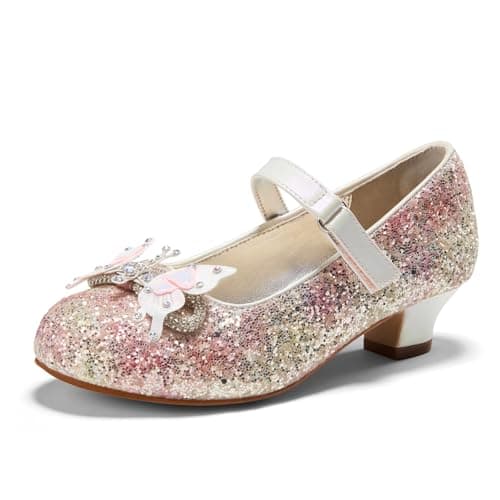 PATPAT Girls Dress Shoes Size 3 Big Kid, Silver Pink Sparkly Shoes with Butterfly Hair Clips, Sequins Rhinestones Bowknot Princess Low Heels Mary Jane Footwear Heels for Girls Dress Up - Image 1