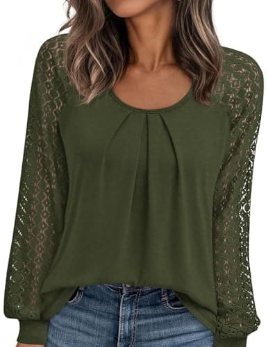 PRETTYGARDEN Womens Long Sleeve Shirts Lace Tops 2026 Spring Fashion Outfits Dressy Casual Blouses Work Clothes (Army Green,X-Large) - Image 1