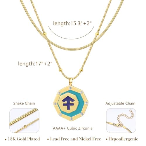 LETFLY Sagittarius Zodiac Necklace for Women, 18K Gold Plated Octagon Shaped Pendant with Cubic Zirconia Adjustable Layered Snake Chain for Womens Jewelry Gifts - Thumbnail 4