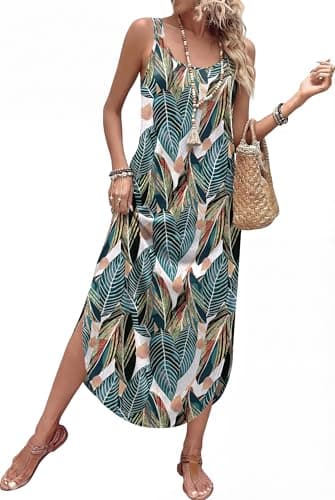 WIHOLL Boho Maxi Dress Spring Dresses for Women Summer Sundresse Cruise Outfits Beach Vacation Clothes Long Hawaiian Dresses Spaghetti Maxi Dress Tropical Resort Wear Travel Floral Print S - Image 1