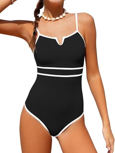 AMAWMW Girls Swimsuit V-Neck Cutout One Piece Bathing Suit Color Block Line Swimwear 7-16y, Black, 7-8Y - Image 1