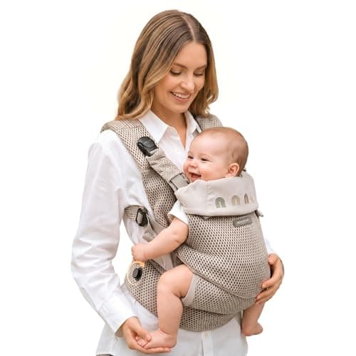 BEIESTATE Baby Carrier Newborn to Toddler, Adjustable Infant Carrier with One-Hand Waist Knob, Breathable Mesh, Magnetic Buckle, Ergonomic Lumbar Support, Lightweight 7-33 lbs (Khaki)