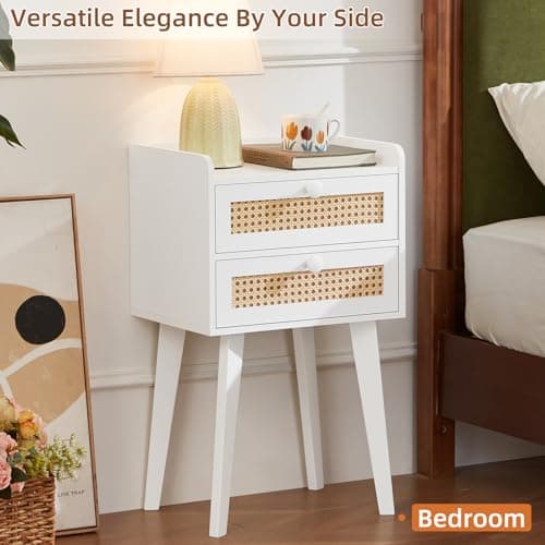 Lerliuo Rattan White Night Stand Set of 2 with 2 Drawers, Cane Accent Nightstand Bed Side End Table with Solid Wood Legs, Boho Nightstands Bedside Tables for Bedroom Living Room Dorm and Small Spaces - Thumbnail 5