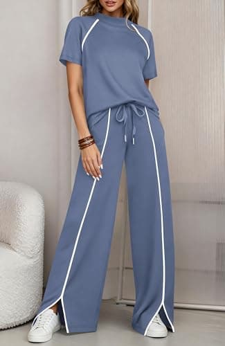 BTFBM Casual Two Piece Sets For Women Summer Outfits Solid Matching Sweatsuit Lounge Set Wide Leg Pants Workout(Grey Blue,Large) - Thumbnail 2