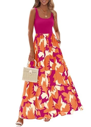 KIRUNDO Women Summer Sleeveless Boho Floral Maxi Dress 2026 Scoop Neck Tank A Line Flowy Beach Vacation Resort Wear Sundress(Rose Red Orange Floral, Medium) - Image 1