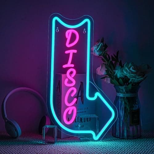 Looklight Disco Neon Signs for Wall Decor Pink Blue LED Word Light Sign Right-Pointing Arrow Neon Light USB Light Up Letters Sign for Disco Lover Music Bar Music Studio Rec Room Bedroom Party Decor - Image 1