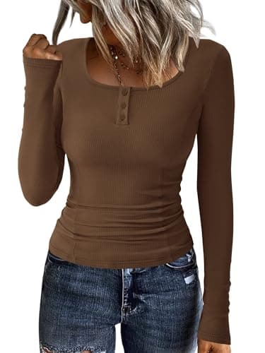 KIRUNDO Womens Long Sleeve Tops Casual Ribbed Knit Henley Button Down Shirts Slim Fit Workout Basic Tees Fashion Clothing(Dark Brown, Medium) - Image 1