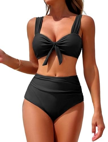 ZAFUL Womens Ruched High Waisted Bikini Set Tie Knot High Rise Two Piece Swimsuits Bathing Suits High Waist Tummy Control Bikini Bottom Black XL - Image 1