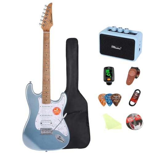 Bullstar Solid Body Electric Guitar Beginner Kit -39in Metal Electric Beginner Guitar Kits for Adults with Guitar Picks, Strap, Strings, Amp, Case, Metallic Finish, Guitarra Electrica(Blue)