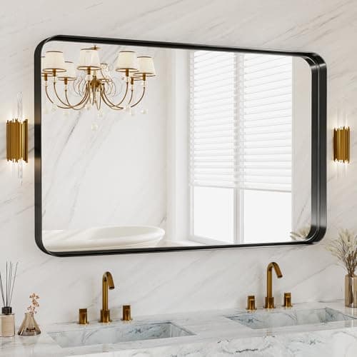 48X30 Inch Black Metal Framed Bathroom Mirror for Wall, Matte Framed Rounded Rectangular Modern Mirrors for Over Sink, Anti-Rust, HD Tempered Glass, Farmhouse, Hangs Horizontally or Vertically - Image 1
