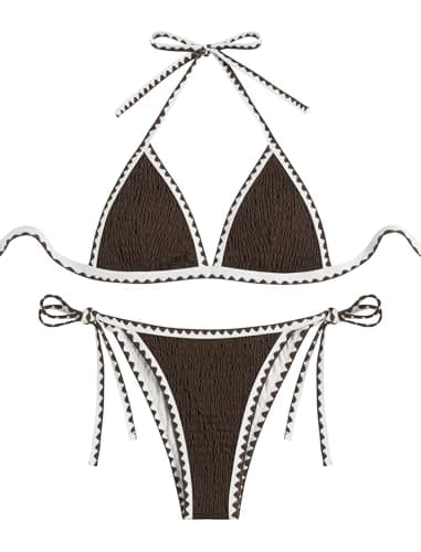 ZAFUL Sexy Swimsuits for Women 2025 String Bikini Sets Two Piece Bathing Suit Self Tied Straps Cheeky Bikini Top with Tie Side Thong Bikini Bottom Low Rise Cute Vintage Fashion Swim Wear Coffee L - Image 1