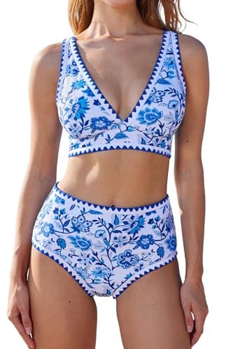 MOOSLOVER Women Bikini Sets Plunging High Waisted Swimsuit Whip Stitch 2 Piece Bathing Suits(XL,Blue Floral) - Image 1