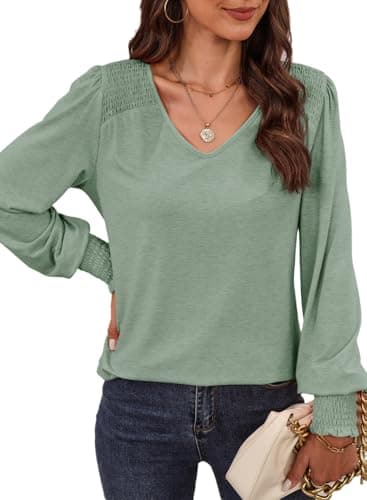 Dokotoo Tops for Women Ruffle Long Sleeve V Neck Solid Color Knit Womens Clothing Cute Casual Loose Fitted Corset Shirts Basic Tunic Tops Fall Fashion 2024 Meadow Mist Green XX-Large - Image 1