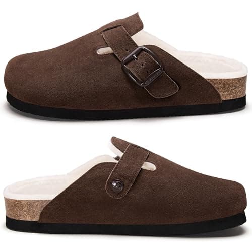Fuzzy Suede Clogs for Women Fur Lined Leather Mules Soft Non Slip Potato Shoes with Arch Support Coffee - Thumbnail 6