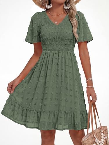 BTFBM Womens Beach Vacation Dress Summer 2026 V Neck Short Sleeve Smocked Swiss Dot Ruffle Casual Spring Mini Dresses(Army Green, X-Large) - Thumbnail 5