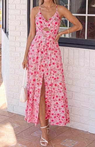 BTFBM Summer Dresses for Women 2026 Spring Floral Spaghetti Strap Smocked Cutout Maxi Dress Resort Beach Vacation Outfit(Floral Red, XX-Large) - Thumbnail 2