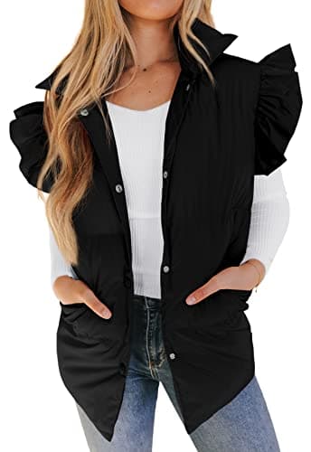 Valphsio Women's Puffer Vests Ruffle Sleeve Winter Button Down Padded Gilet with Pockets - Image 1