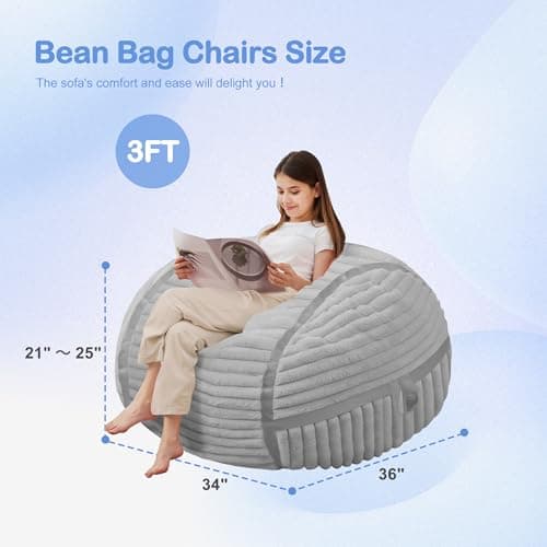 HABUTWAY Bean Bag Chair 3FT Big Bean Bag Chairs for Adults with Memory Foam Filled,3'Beanbag Chair with Soft Faux Fur Cover,Comfy Bean Bag Sofa for Classroom,Living Room,Game Room,Bedroom-Light Grey - Thumbnail 2