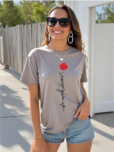 AiMgFUN Women's 2025 Summer Graphic T Shirts,Stylish Short Sleeve Tee, Printed Casual Top,Crew Neck Roseflower Grey-XL - Thumbnail 2