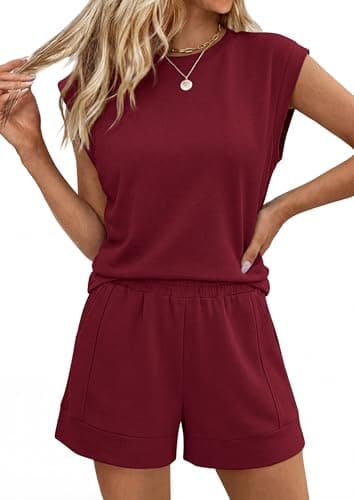 PRETTYGARDEN Two Piece Short Sets for Women Summer 2026 Matching Loungewear Travel Outfits Spring Beach Vacation Clothes (Burgundy,Medium) - Image 1