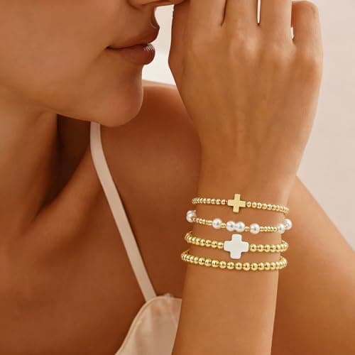 Fohufo Easter Gifts for Women - 14K Gold Plated Bracelets Sets for Women, Cross/Pearl Beaded Bracelets Jewelry, Easter Gifts Basket Stuffers - 4 Pcs Cross Bracelet - Thumbnail 4