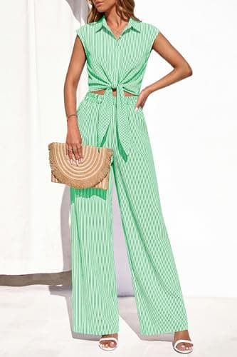 PRETTYGARDEN 2 Piece Sets For Women Summer Striped Button Down Tie Front Crop Tops Wide Leg Pants Floral Lounge Set 2026(Striped Green,Large) - Thumbnail 2