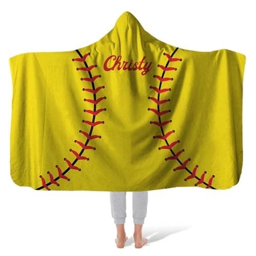 ROSLILY Personalized Softball Hooded Blanket Game Day Custom Hooded Fleece Blanket with Name Softball Wearable Throw Blanket University Team Blanket Gift for Sports Fans Kids Adult Graduation, Yellow