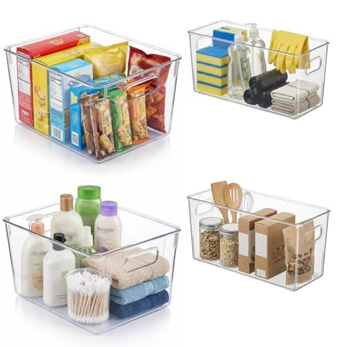MOONEDGE Set of 4 Clear Plastic Organizer Bins, 2 Large & 2 Small Storage Bins for Pantry, Nestable Space-Saving Containers for Cabinets, Under-Sink, Bathroom, Kitchen & Freezer Organization - Image 1