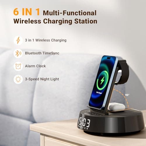 Alarm Clock with Wireless Charging Station, Clock for Bedroom with Dimmable Night Light Bluetooth Speaker, Wireless Charger Dock Station for iPhone 17 16 15 14 13 12 Pro Max, Apple Watch, AirPods Pro - Thumbnail 2