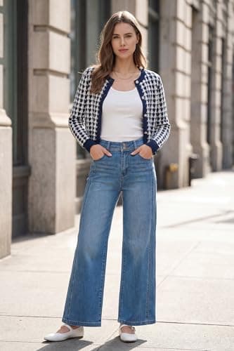 Arach&Cloz 100% Cotton Cropped Cardigans for Women Spring Fashion Lightweight Crewneck Button Down Long Sleeves Sweater Plaid Knit Tops Cute Professional Business Casual Outfits 2026 Navy Blue XL - Thumbnail 5